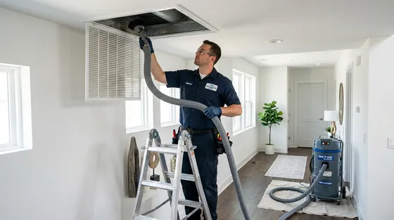 Air duct cleaning equipment attached to a ceiling vent