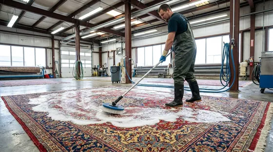 Area rug being cleaned at a dedicated rug facility