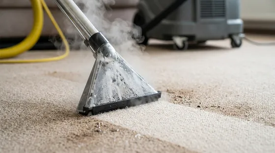 Technician steam cleaning a bedroom carpet
