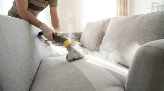 Upholstery cleaning tool on a fabric sofa arm